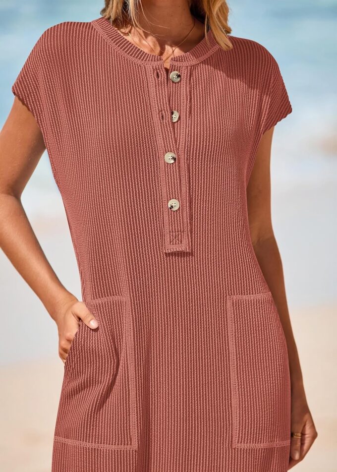 KIRUNDO Womens Summer Dresses Ribbed Knit Henley Short Sleeve Maxi Dress Button Up Loose Slit Beach Vacation Sundress – Bild 8