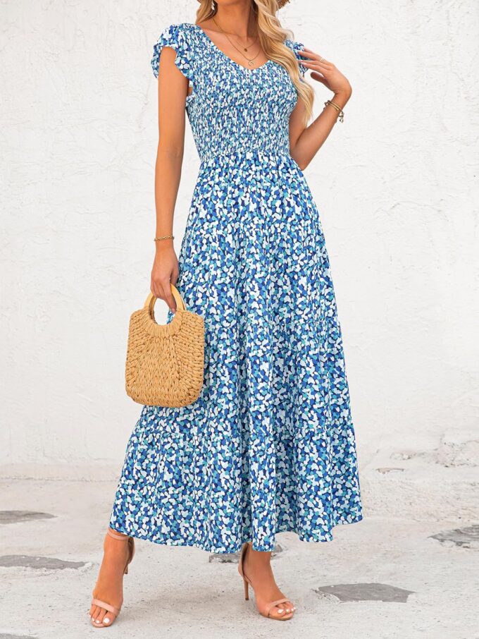 MASCOMODA Womens Summer Maxi Dress Casual V Neck Cap Sleeve Smocked Dresses Ruffle Tiered Beach Party Long Flowy Sundresses – Bild 3