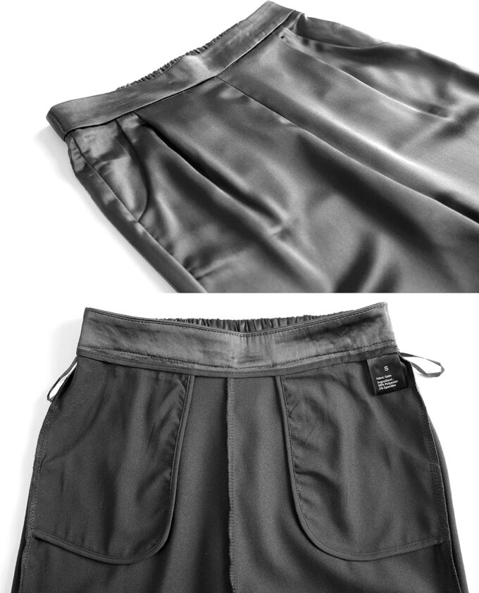 heipeiwa Women's Satin Pants Dress Casual Pleated Pull on High Waist Pants Baggy Front Tapered Trouser – Bild 4