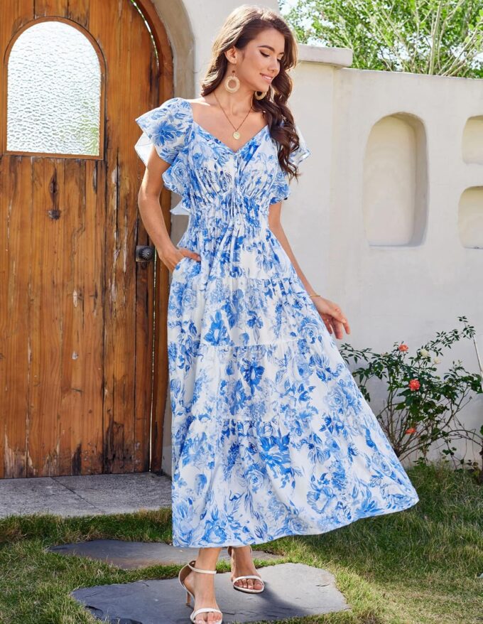 GRACE KARIN Womens 2025 Floral Summer V-Neck Ruffle Sleeve Empire Waist A-Line Casual Maxi Tiered Dress with Pockets – Bild 6