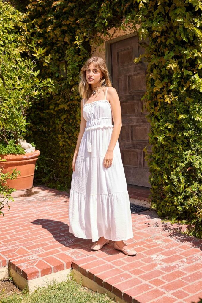 CIDER Maxi Dresses Women White Spaghetti Strap Backless Flowy Summer Boho Vacation Dress Beach Outfits – Bild 4