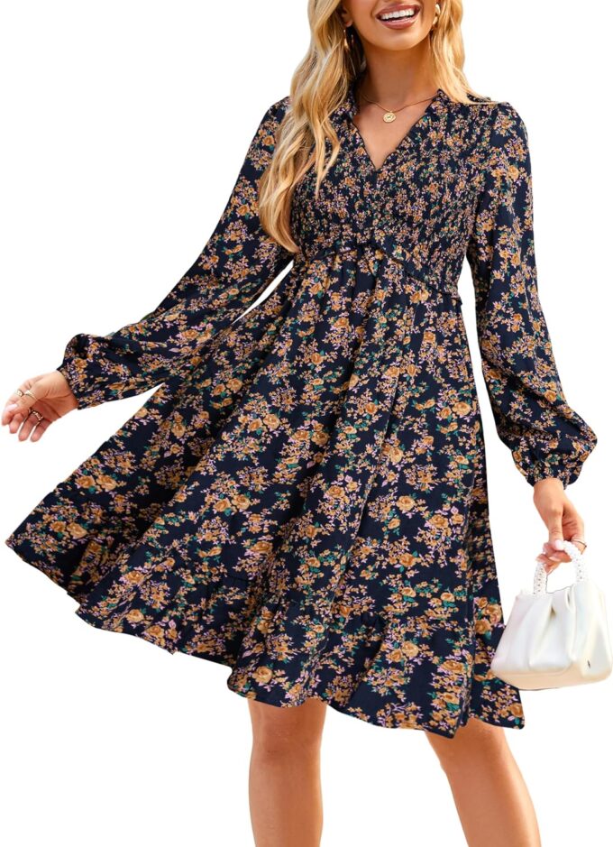 Womens 2025 Long Sleeve Babydoll Mini Dress Smocked Chiffon Floral Fall Flowy Casual Short Dresses with Pockets