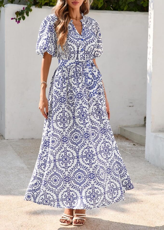 KIRUNDO Women Puff Sleeve Boho Floral Maxi Dress 2025 Spring Summer Button Shirt V Neck Flowy Belted Beach Vacation Dresses – Bild 7