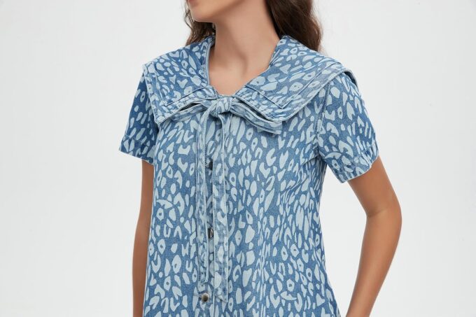 D-Sun Women's Denim Mini Dress Summer Short Sleeves Leopard Print Denim Babydoll Dress Navy Collar A-Line Jean Dresses – Bild 5