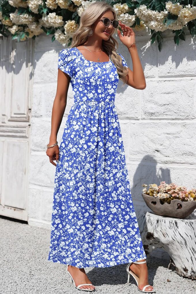 AUSELILY Women's Maxi Dresses with Pockets Petal Short Sleeve Square Neck Casual Long Dress 2025 – Bild 3
