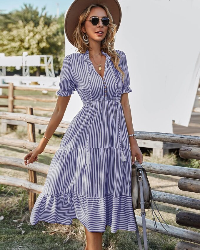 Sexyasasii Women's Summer Ruffle Puff Sleeve Dress Short Sleeve V Neck High Waist Casual Loose Striped Midi Dresses – Bild 3