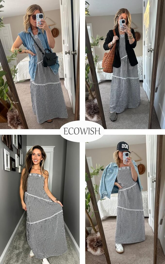 ECOWISH Women Sleeveless Maxi Dress: Summer Spaghetti Strap Casual Loose Boho Beach Dress Asymmetric Tiered Flowy Long Dress – Bild 3