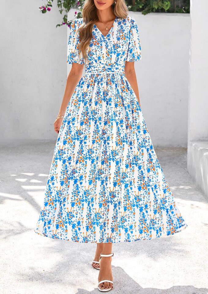 PRETTYGARDEN Summer Maxi Dresses for Women 2025 Floral V Neck Puff Sleeve Empire Waist A Line Flowy Long Beach Boho Dress – Bild 6