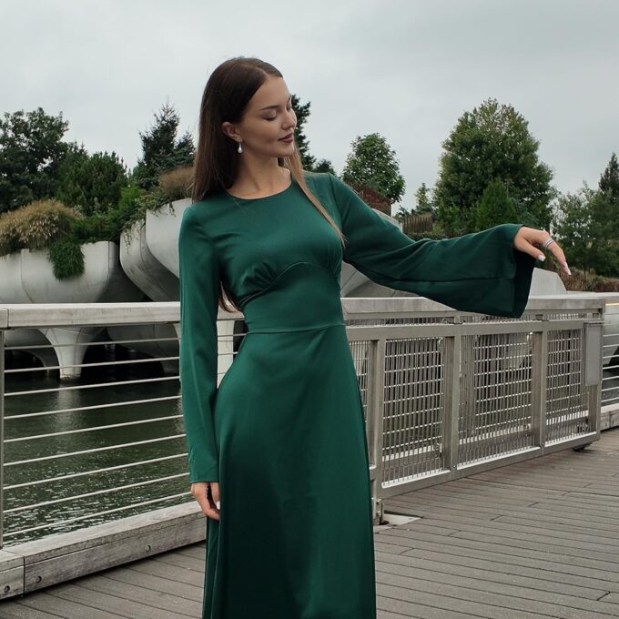 Modest Satin Maxi Dress for Women Long Sleeve Floor Length Evening Gown Hijab Friendly A-Line Empire Waist – Bild 2