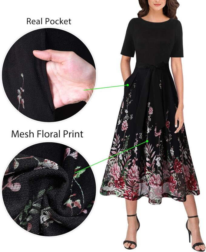 VFSHOW Womens Elegant Patchwork Pockets Pleated Work Office Business Casual Party Belted A-Line Midi Dress – Bild 5