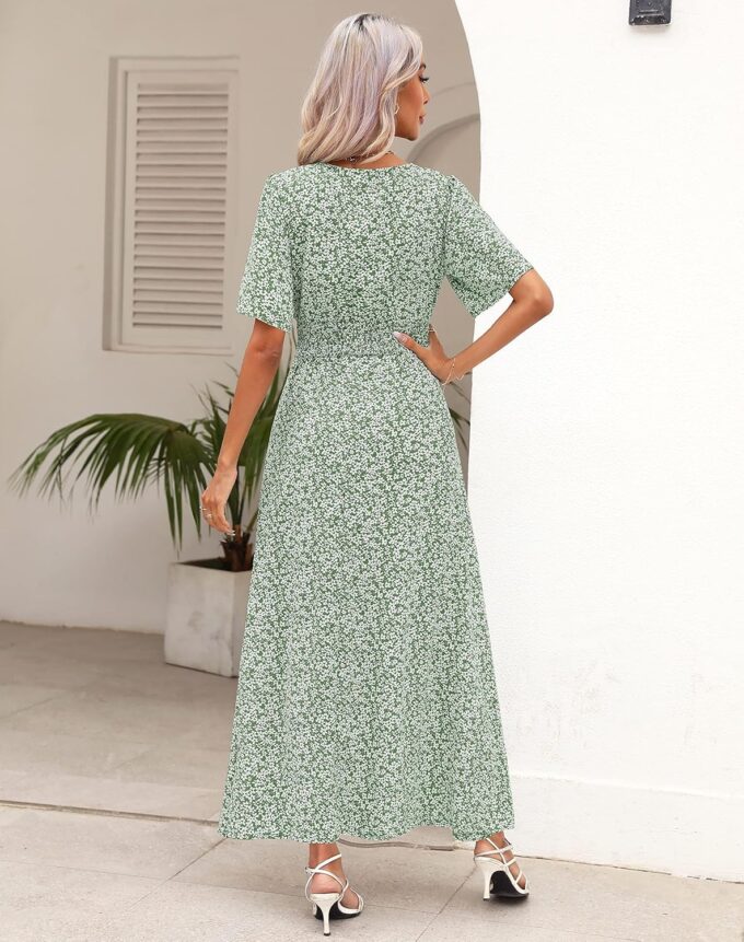 Kranda Women 2025 Summer Spring V Neck High Waist Short Sleeve Casual Long Boho Floral Swing Flowy Slit Beach Maxi Dress – Bild 4