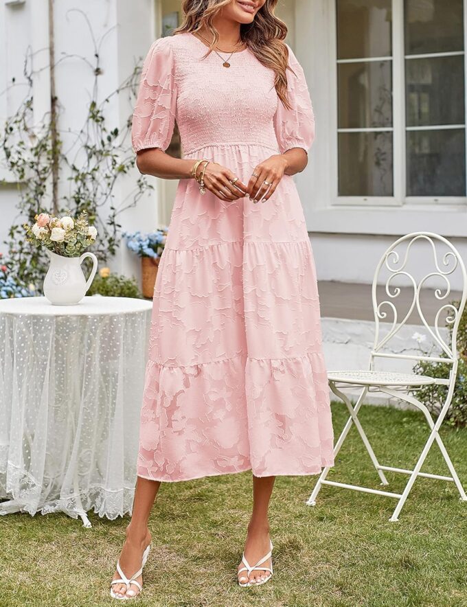 MEROKEETY Women's 2025 Summer Puff Sleeve Smocked Floral Dress Crewneck Lace Flowy Tiered Midi Dresses – Bild 3