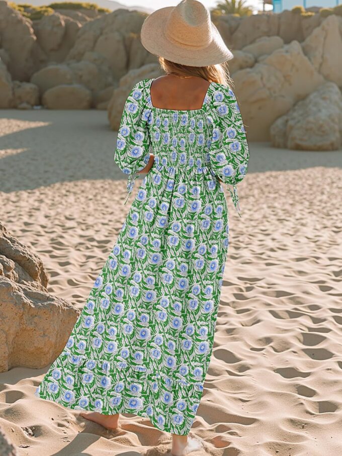 Women Boho Maxi Dresses Summer 2025 Puff Sleeve Square Neck Smocked Aline Casual Ruffle Tiered Flowy Beach Long Dress Pocket – Bild 5