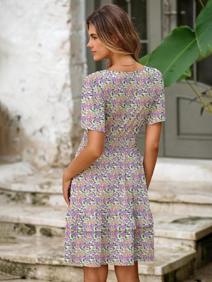 Simplee Womens Floral Short Summer Dress - Empire Waist A Line Flutter Sleeve V Neck Boho Mini Dresses with Pockets – Bild 4