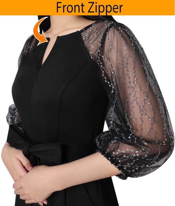 VFSHOW Damen-Midikleid mit Bishof-Ärmeln, plissiert, Reißverschluss vorne, Gürtel, Cocktail-Party, A-Linie – Bild 3