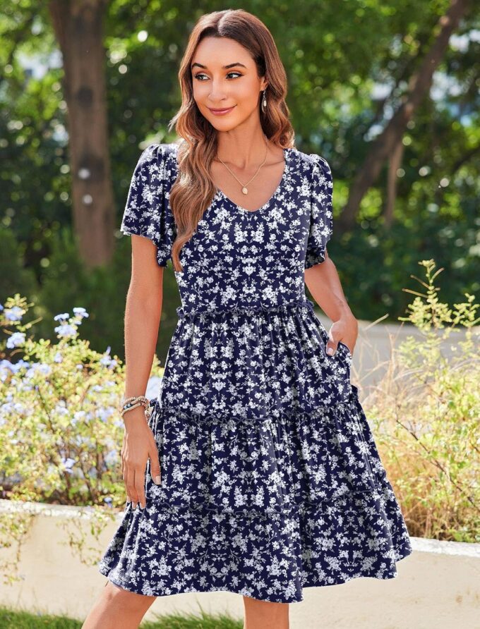 Zeagoo Summer Tiered Mini Dress with Pockets Ruffle Sleeve V-Neck Casual Dress A Line Boho Flowy Sundress 2025 Vacation – Bild 3