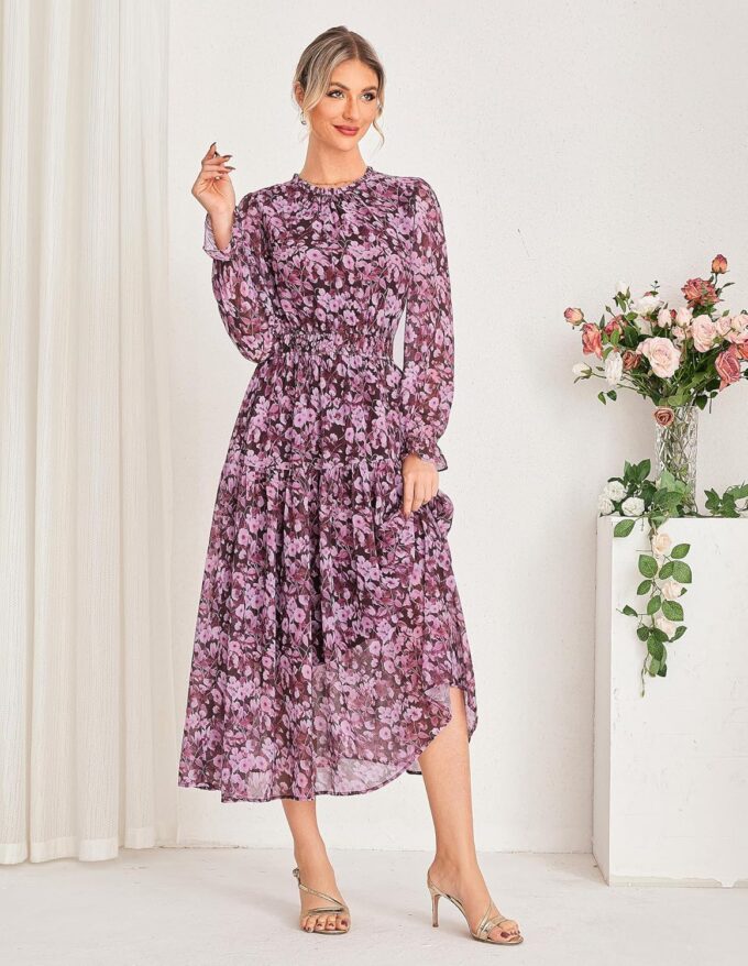 GRACE KARIN Women's Long Sleeve Maxi Dress Fall 2025 Chiffon Flowy Wedding Guest Dresses Floral Tiered Dress with Pockets – Bild 3