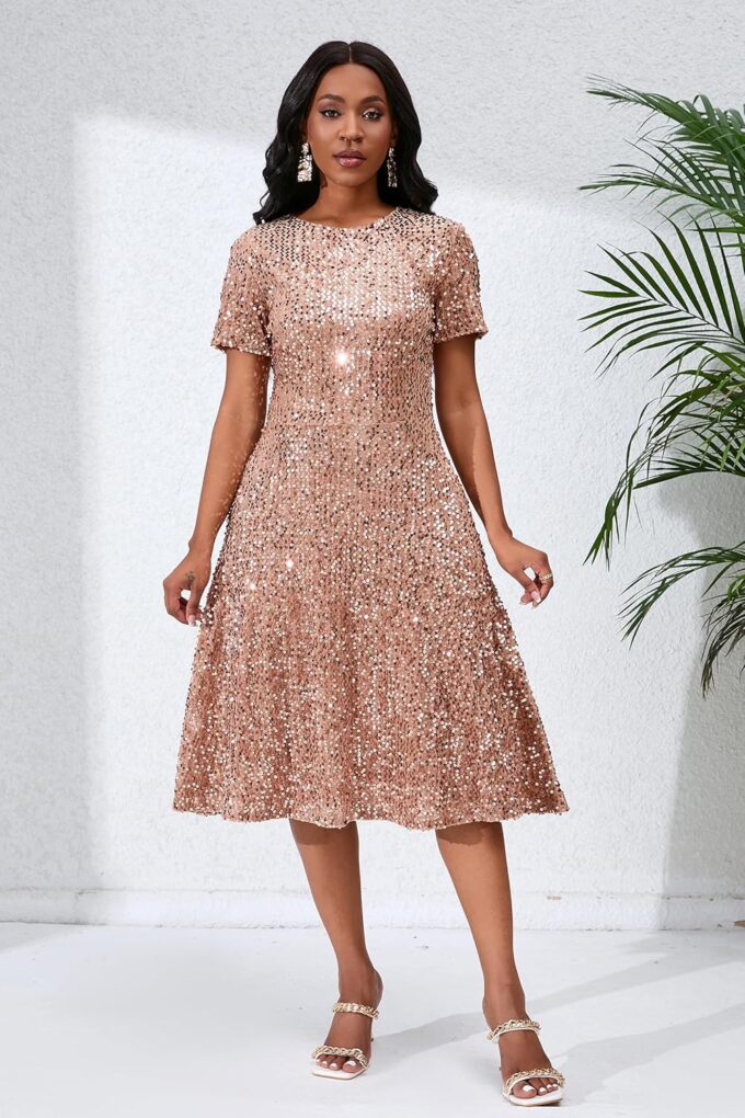 Sequins Glitter Short Sleeve Women's Maxi A-line Dress - Sparkly Party Elegant – Bild 3
