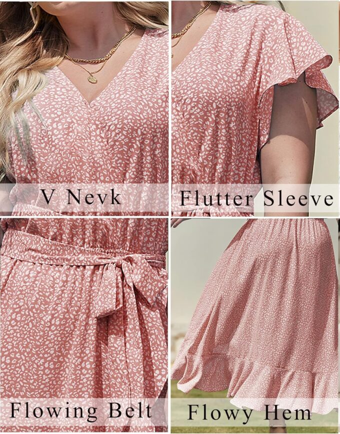 IN'VOLAND Plus Size Womens Floral Summer Dress Casual Wrap V Neck Short Sleeve Belted Beach Bohemian Maxi Dress – Bild 3