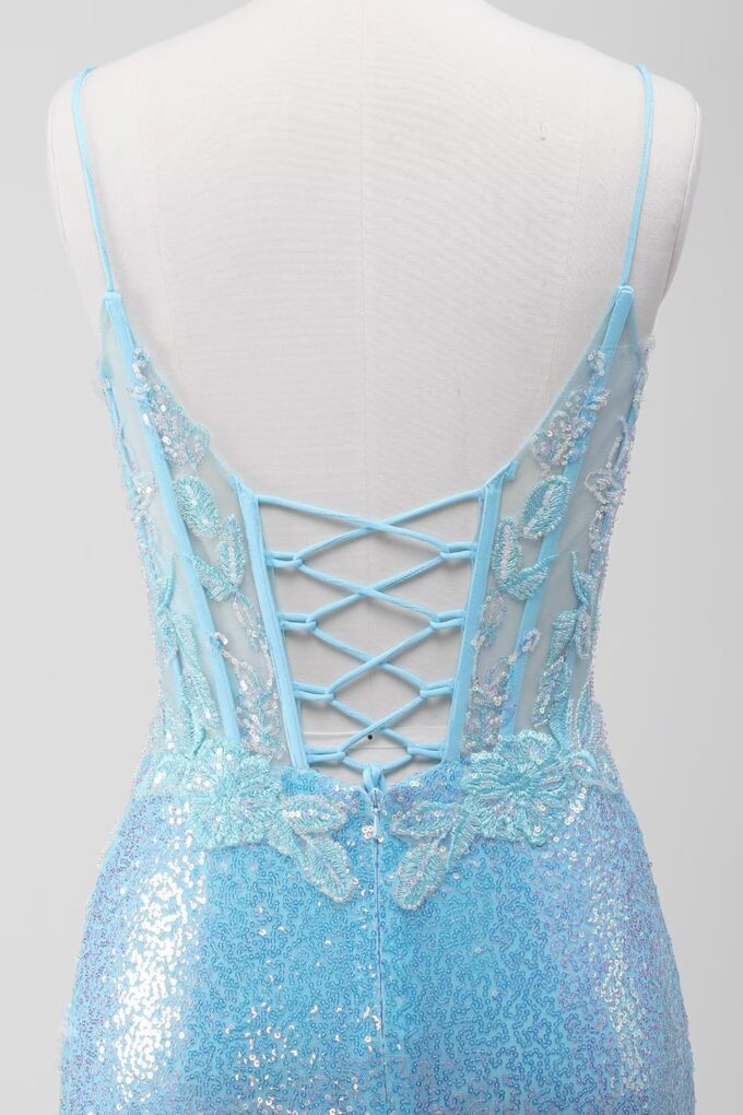 Women's Sequin Mermaid Prom Dresses 2025 Spaghetti Straps V-Neck Lace Applique Formal Evening Dress – Bild 8