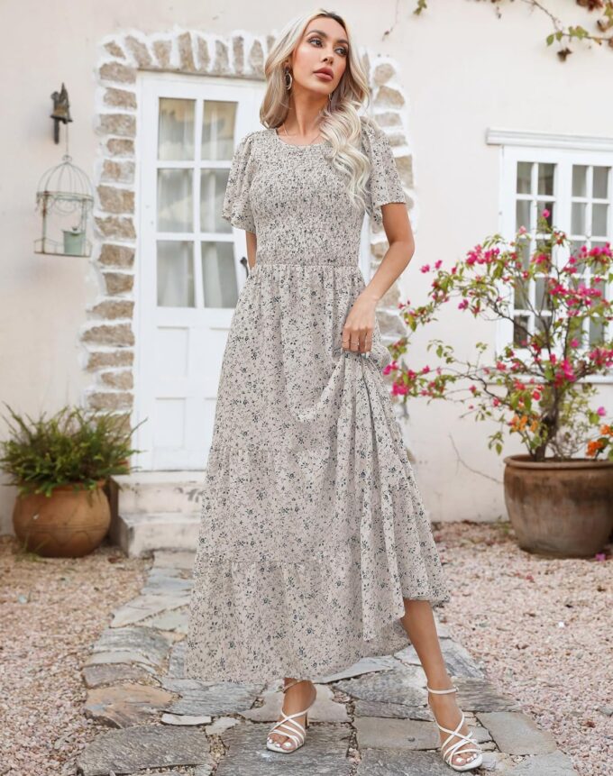 Kranda Women Summer Dress Round Neck Flutter Short Sleeve Smocked Ruffle Tiered Floral Maxi Dress 2024 – Bild 5