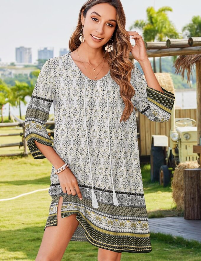 Zeagoo Womens Boho Dresses Casual Beach Summer Dress Tassel Tie Neck 3/4 Long Sleeve Mini Sundress 2025 Floral Print Cover Up – Bild 4