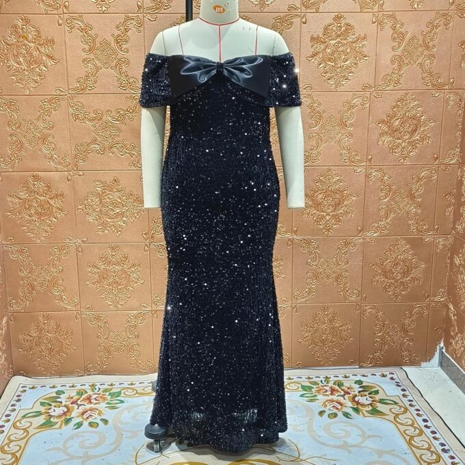 Women's Sexy Off Shoulder Short Sleeve Sequin Floor Length Bodycon Cocktail Evening Gown Party Maxi Dress – Bild 4