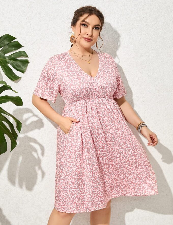 ShopWonder Plus Size Dress Women's V Neck A-Line Knee Length Wrap Swing Dresses Plus Size A Line Party Mini Dress – Bild 5