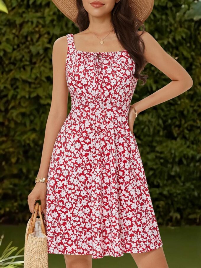 Loemes Women's Summer Cute Square Neck Mini Dress with Pocket Juniors Floral Sleeveless Tie Front Flowy Beach Sundress – Bild 5