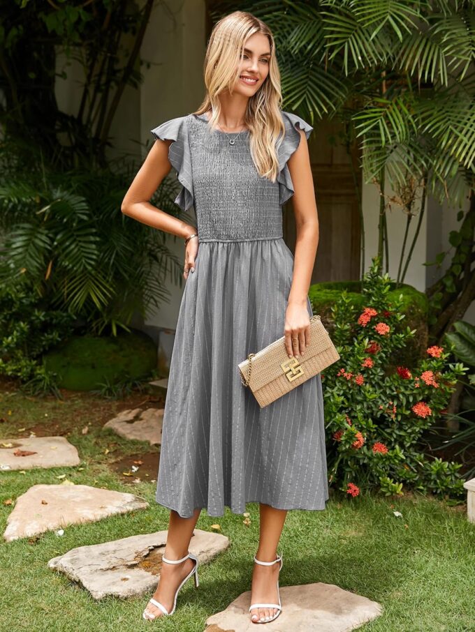 Simplee Womens Striped Midi Summer Dress Smocked Flutter Short Sleeve Dress 2025 Flowy Casual Dress with Pockets – Bild 3