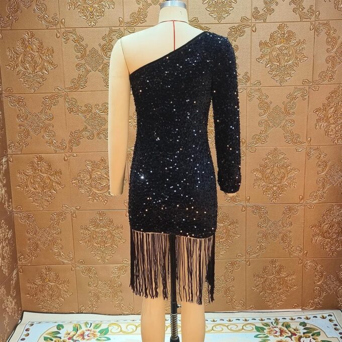 Women Sexy Sequin One Shoulder Long Sleeve Tassel Hem Bodycon Midi Dress Party Cocktail Dress – Bild 5