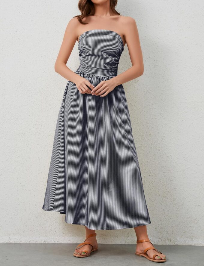 Women Striped Strapless Sleeveless Flowy Summer Casual Tube Maxi Long Dress with Pockets – Bild 3