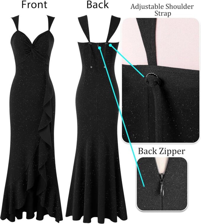 VFSHOW Womens Sweetheart V Neck Twist Front Backless Ruched Ruffle Slit Formal Evening Gown Maxi Long Dress – Bild 5