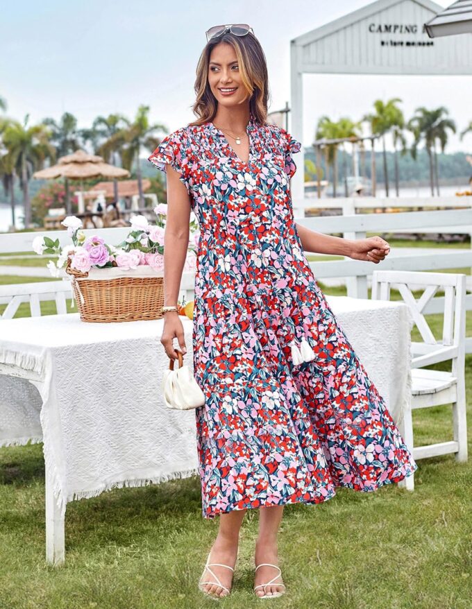 GRACE KARIN Womens Summer Floral Midi Dresses Short Sleeve Beach Wedding Guest Dress Drawstring Long Flowy Dress with Pockets – Bild 2