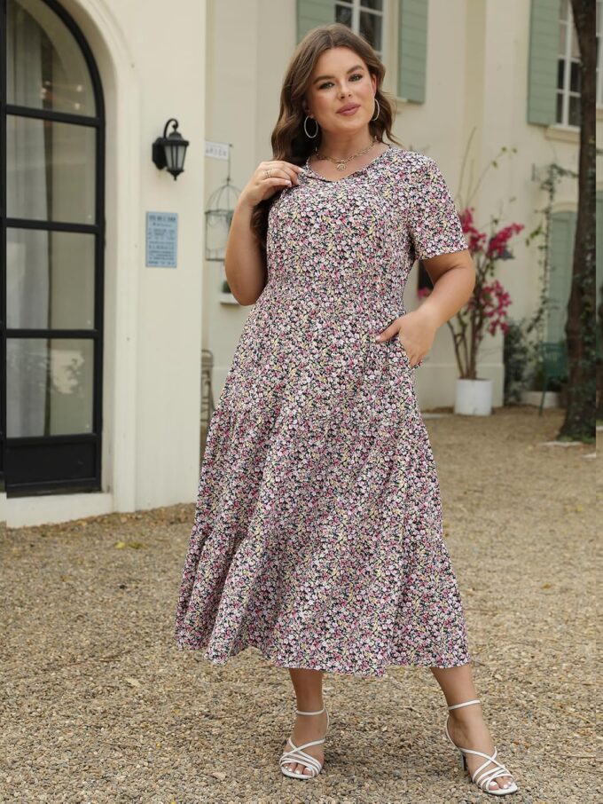 Keluummi Plus Size Summer Maxi Dresses for Curvy Women, Casual Floral Flowy Empire Waist Tiered A Line Dress with Pockets – Bild 3