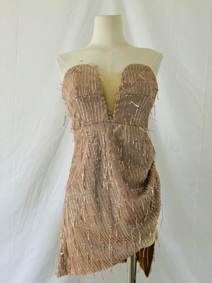 Earthradius Girl's Elegant Strapless Off The Shoulder Sequined Tassel Mini Cocktail Sleeveless Evening Dress for Parties – Bild 7