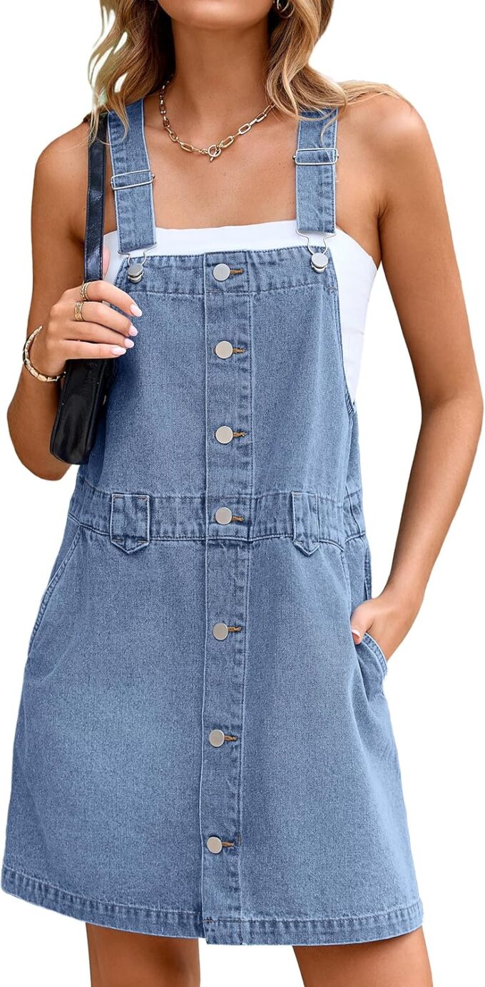 Glamaker Women's Denim Overall Dress Jean Sleeveless 2025 Mini Pinafore Shorts Jumper Button Dress with Pocket – Bild 2