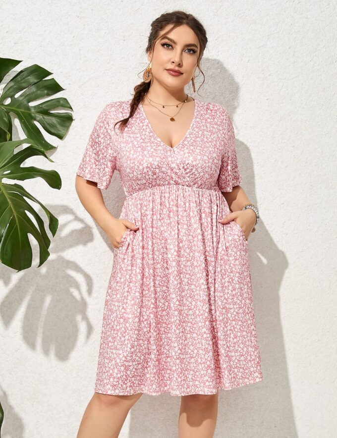 ShopWonder Plus Size Dress Women's V Neck A-Line Knee Length Wrap Swing Dresses Plus Size A Line Party Mini Dress – Bild 2