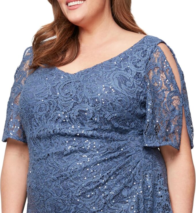 Alex Evenings Women's Long Stretch Lace and Sequin Mother of The Bride Dress with Cold Shoulder Flutter Sleeves (Plus Size) – Bild 3