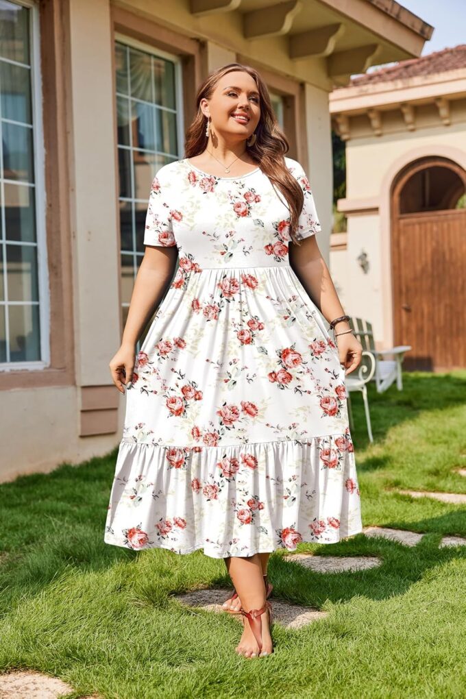 IN'VOLAND Women Plus Size Short Sleeve Dress Loose Plain Casual Summer Flowy Tiered Long Maxi Dresses with Pockets – Bild 2