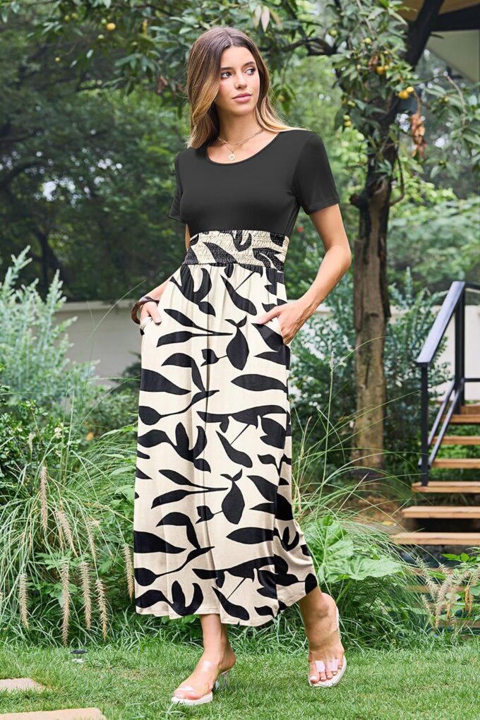 AUSELILY Women's Summer Smocked Short Sleeve Long Maxi Dresses for Women 2025 New – Bild 3