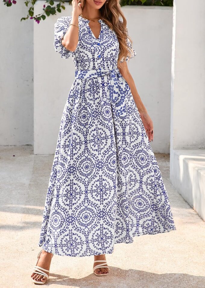 KIRUNDO Women Puff Sleeve Boho Floral Maxi Dress 2025 Spring Summer Button Shirt V Neck Flowy Belted Beach Vacation Dresses – Bild 8