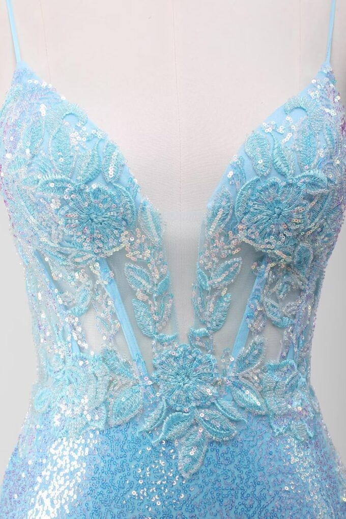 Women's Sequin Mermaid Prom Dresses 2025 Spaghetti Straps V-Neck Lace Applique Formal Evening Dress – Bild 6