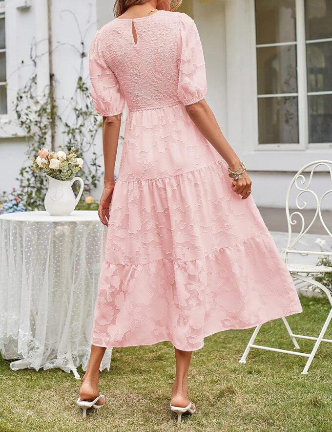 MEROKEETY Women's 2025 Summer Puff Sleeve Smocked Floral Dress Crewneck Lace Flowy Tiered Midi Dresses – Bild 4