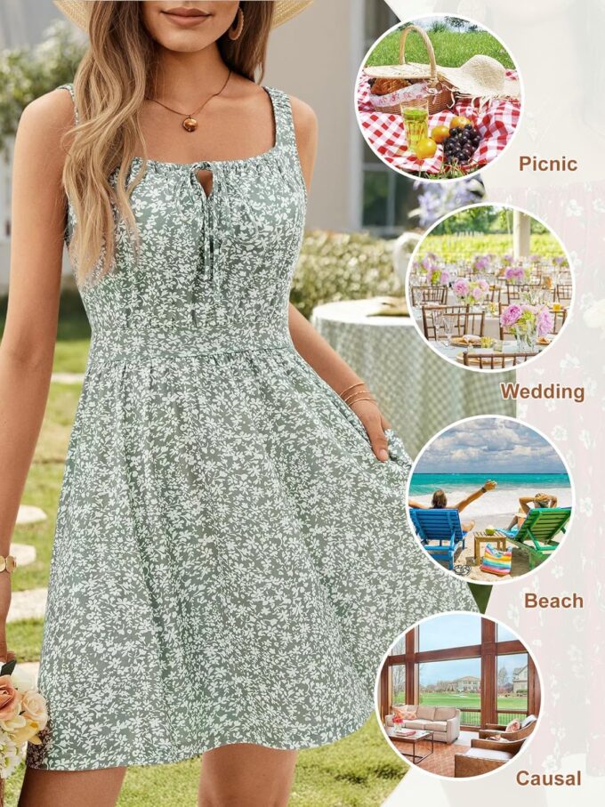Loemes Women's Summer Cute Square Neck Mini Dress with Pocket Juniors Floral Sleeveless Tie Front Flowy Beach Sundress – Bild 2