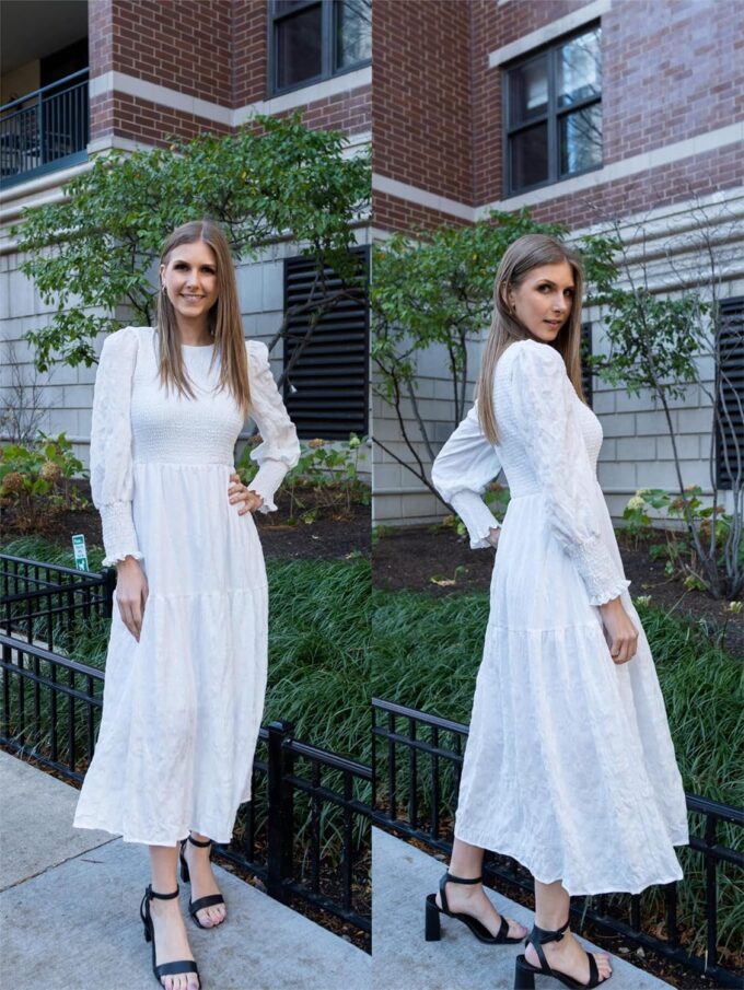 PRETTYGARDEN Women 2025 Spring Puff Long Sleeve Crewneck Smocked Maxi Dress Empire Waist Tiered A-line Swing Flowy Long Dress – Bild 5