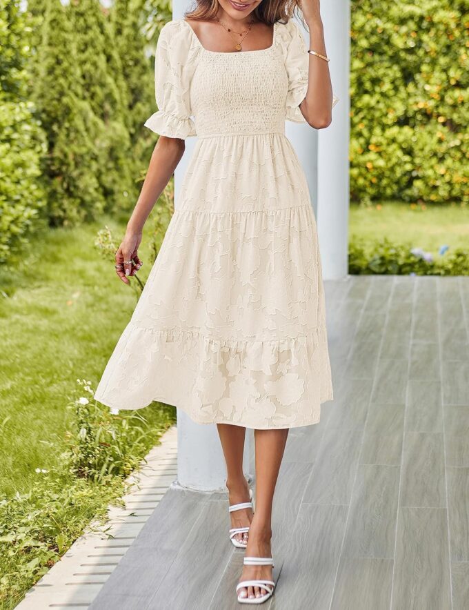 MEROKEETY Womens 2025 Summer Short Puff Sleeve Smocked Square Neck Floral Textured Tiered Midi Dress – Bild 7