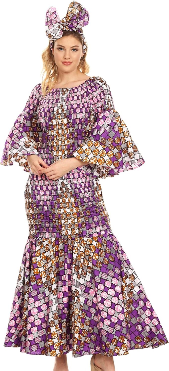 Sakkas Zarah Women's African Ankara Body-con Off Shoulder Mermaid Pocket Dress – Bild 5