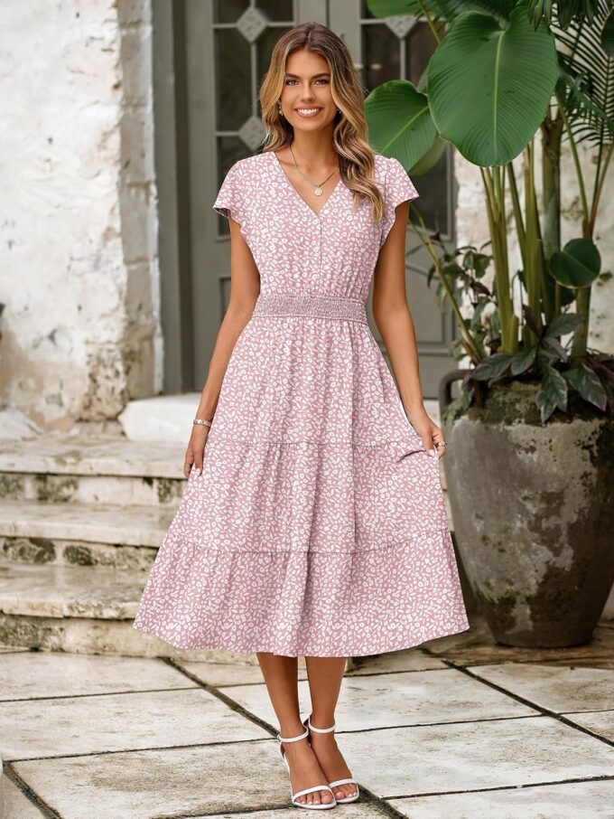 BerryGo Women's Floral Boho Ruffle Summer Midi Dress Short Sleeve V Neck Empire Waist Swing Flowy Dress – Bild 5