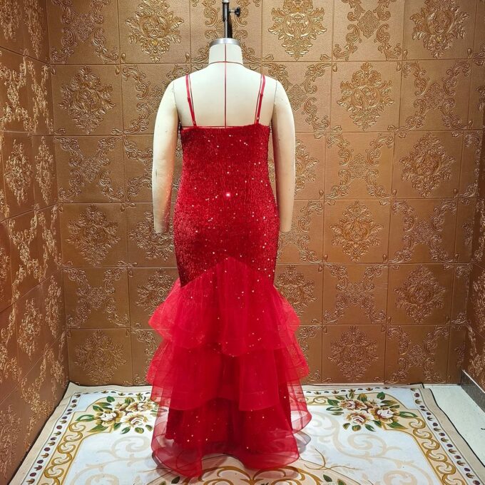 Women Sexy Sleeveless Sequin Mesh Patchwork Maxi Dress Red Plus Size Sling Cocktail Party Formal Gowns – Bild 6